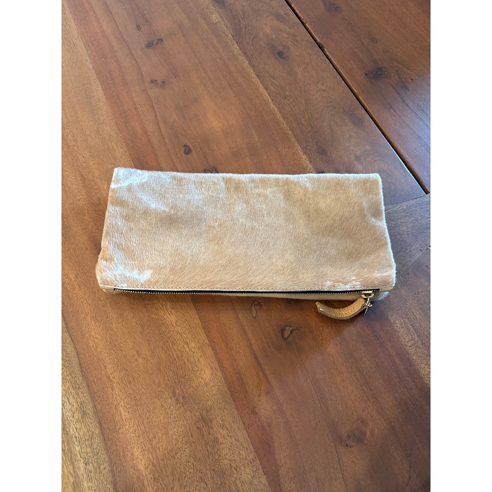 Clare Vivierâ Tan Calf Hair Foldover Clutch Bag Leather Gold Zip Pouch LA